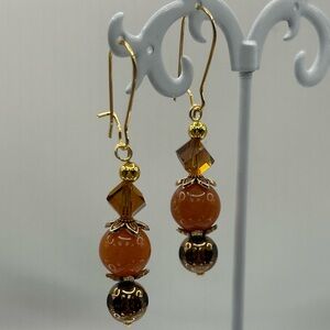Carnelian Agate & Crystal Dangle Earrings 18K Gold Plated Ear Wires